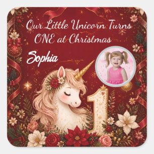 Sticker Carré Licorne cramoisie florale 1er anniversaire Noël