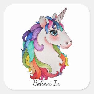 Sticker Carré Licorne d'aquarelle avec des cheveux d'arc-en-ciel