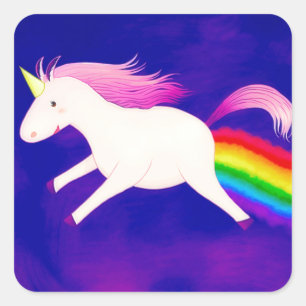 Sticker Carré Licorne drôle de vol pétant un arc-en-ciel