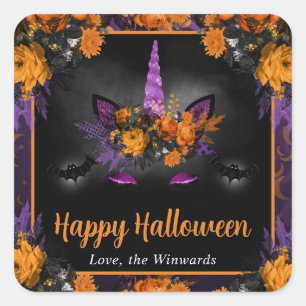 Sticker Carré Licorne Florale d'Automne Joyeux Halloween