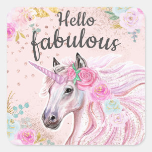 Sticker Carré Licorne Hello Fabulous Floral Rose Pailleté Or