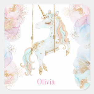Sticker Carré Licorne Magique Rose & Or Nom pour Filles