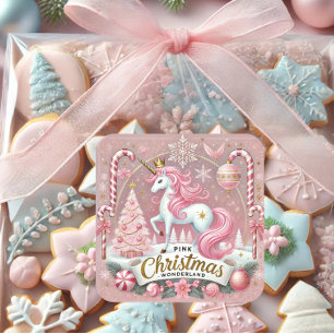 Sticker Carré Licorne merveilleuse de Noël rose 
