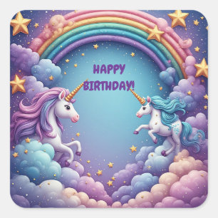 Sticker Carré Licorne pastel arc-en-ciel fantasy avec étincelles