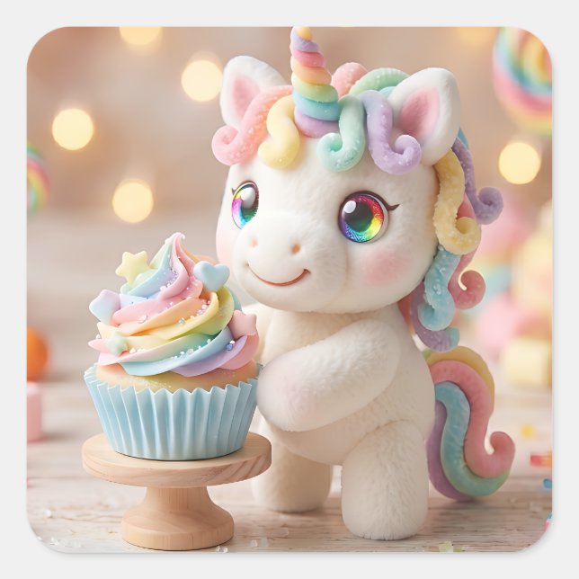 Sticker Carré Licorne pastel avec Cupcake arc-en-ciel (Devant)