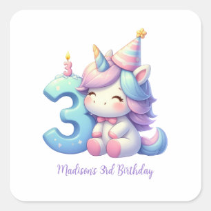 Sticker Carré Licorne personnalisée 3e Troisième Anniversaire Fi