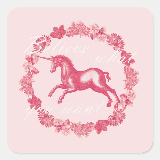 Sticker Carré Licorne rose et fleurs (Devant)