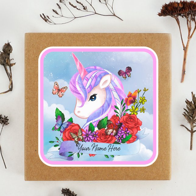 Sticker Carré licorne rose et violette avec roses rouges (Créateur téléchargé)