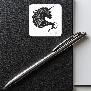 Sticker Carré Licorne Tribale Noire Fantastique Minimaliste Blan