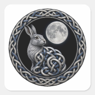Sticker Carré Lièvre contemplant la lune en entrelacs celtiques