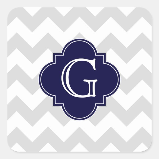 Sticker Carré Light Gray White Chevron Navy Quatrefoil Monogram (Devant)