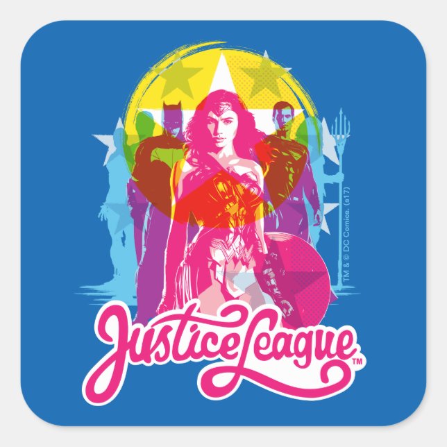 Sticker Carré Ligue de Justice | Retro Group & Logo Pop Art (Devant)