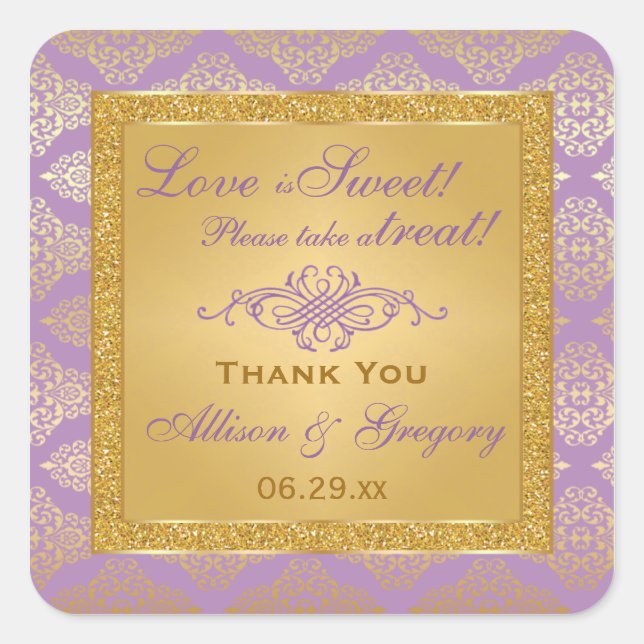 Sticker Carré Lilac, FAUX Parties scintillant, Damask Candy Buff (Devant)