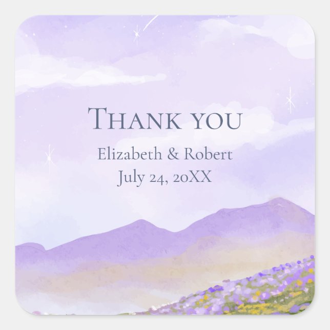 Sticker Carré Lilac Night Sky Mountain Fields Mariage Merci (Devant)