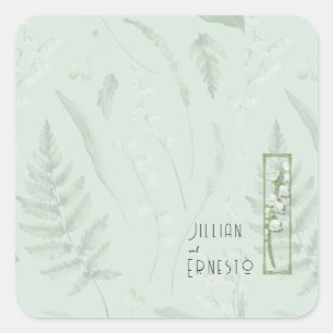 Sticker Carré Lily de Vallée avec des fougères    Vert pâle pers