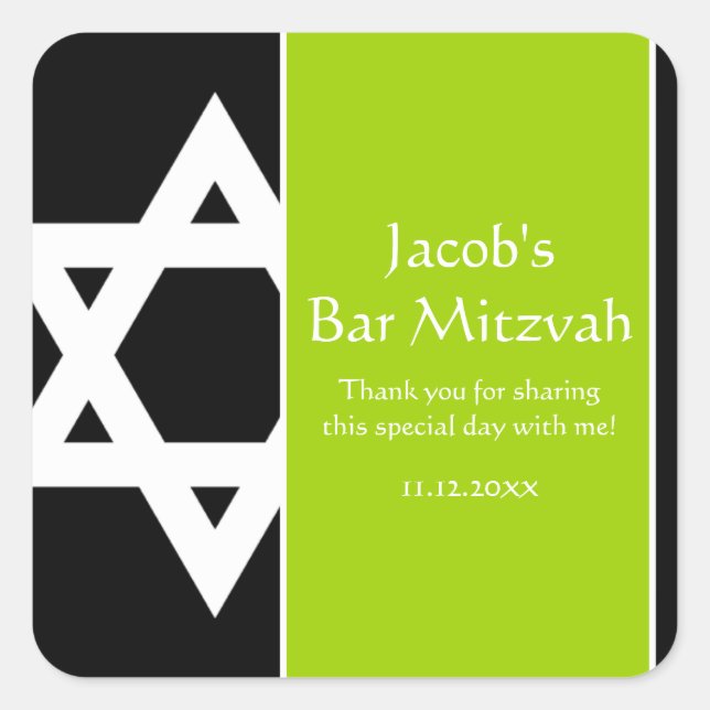 Sticker Carré Lime Green Black Star de David Bar Mitzvah Favoris (Devant)