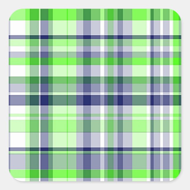 Sticker Carré Lime Green, Navy Blue, White Preppy Madras Plaid (Devant)