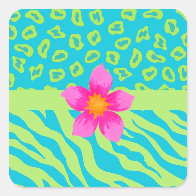 Sticker Carré Lime Green & Turquoise Zebra & Cheetah Pink Flower (Devant)