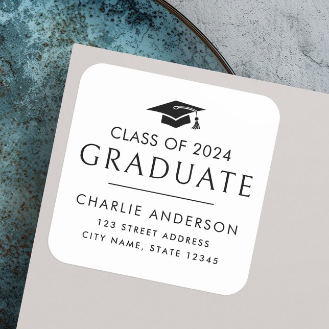 Sticker Carré Limite de graduation de l'année d'études supérieur (Graduate year graduation cap white return address square sticker)