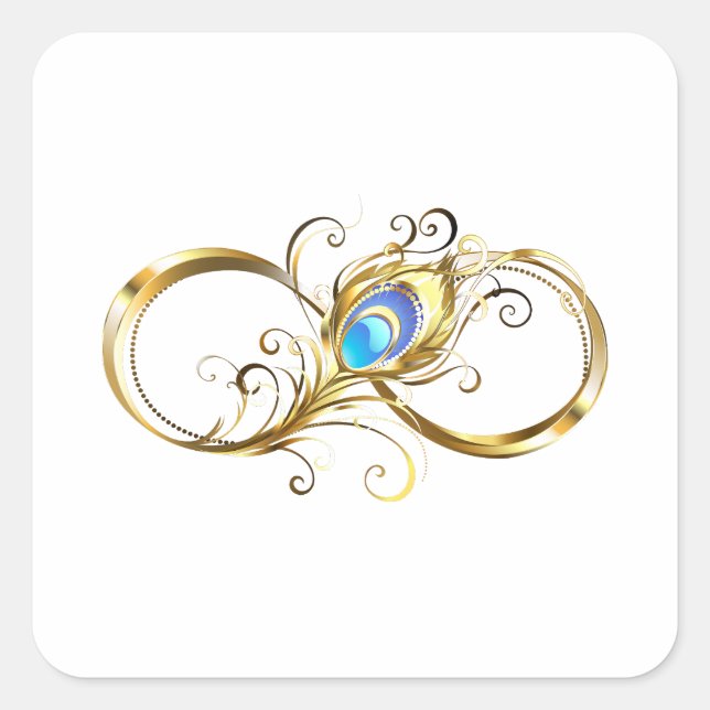 Sticker Carré L'infini avec plume de paon dorée (Devant)