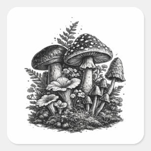 Sticker Carré Linogravure de champignons forestiers vintage