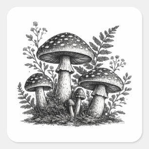 Sticker Carré Linogravure de champignons forestiers vintage