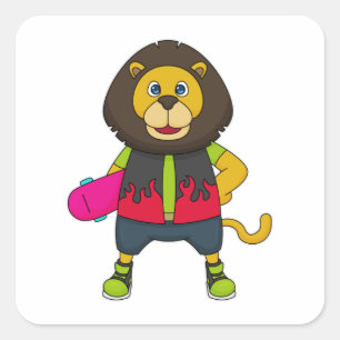 Sticker Carré Lion as skater with skateboard
