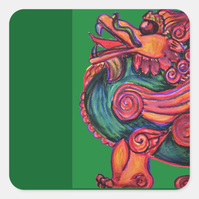 Sticker Carré Lion chinois rouge vert (Devant)