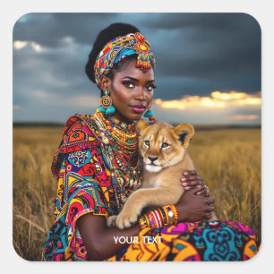 Sticker Carré Lion femme africaine mignonne Imaginaire