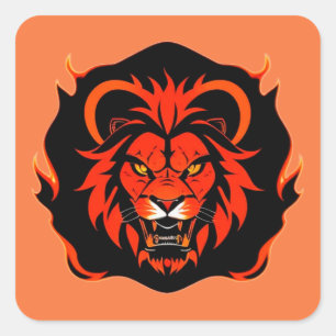 Sticker Carré 🔥 Lion feu Sauvage Puissance audacieuse Esprit fé