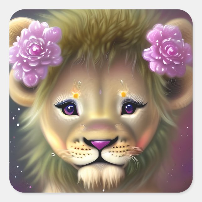 Sticker Carré Lion mignon bébé avec fleurs roses Graphique (Devant)