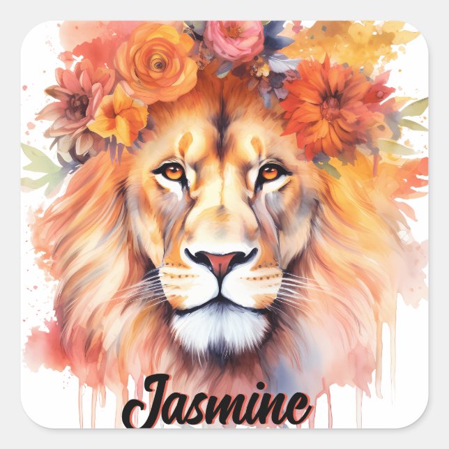 Sticker Carré Lion Pastel Fleurs Safari Aquarelle Savannah Chat (Devant)