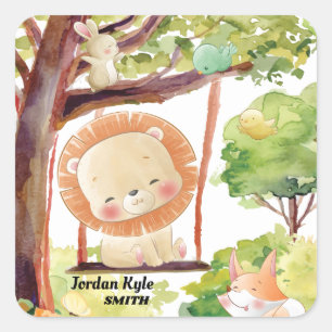 Sticker Carré Lion, Renard, Lapin et Oiseaux Brut Nature