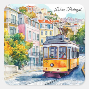 Sticker Carré Lisbonne Portugal Scène de tramway colorée vintage