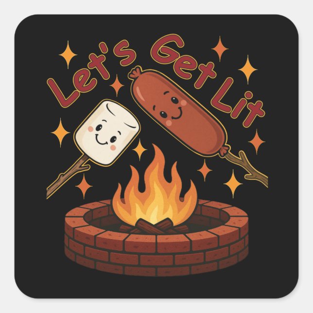 Sticker Carré Lit Firepit - mignon Marshmallow & Hot Dog (Devant)