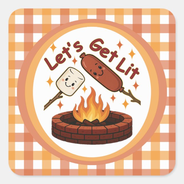 Sticker Carré Lit Firepit - mignon Marshmallow & Hot Dog (Devant)