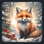 Sticker Carré Little Christmas Fox<br><div class="desc">Un mignon renard rouge se trouve entre deux arbres décorés,  avec des cadeaux emballés à ses pieds,  car la neige tombe doucement sur la scène. Une scène très charmante,  parfaite pour tous ceux qui aiment la nature et la nature.</div>