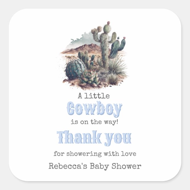 Sticker Carré Little Cowboy Western Blue Boy Baby shower Favoris (Devant)