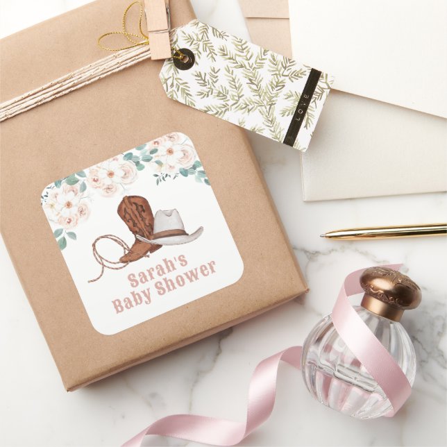 Sticker Carré Little Cowgirl Western Floral Girl Baby Shower (Cadeaux)
