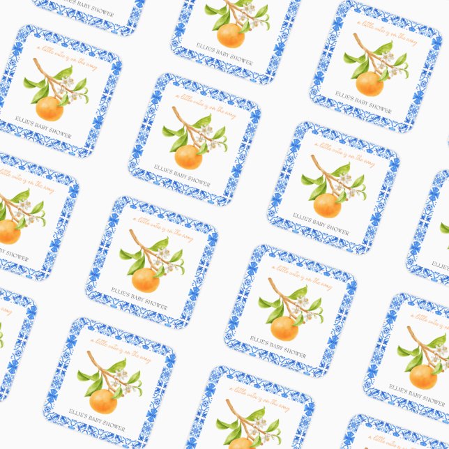 Sticker Carré Little Cutie | Baby shower Clementines & Carreaux (A Little cutie is on the way | Personalized Baby Shower Stickers)