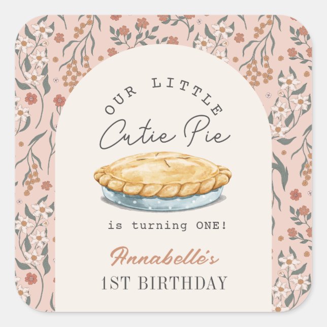 Sticker Carré Little Cutie Pie Rose Floral Girl 1er anniversaire (Devant)