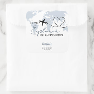 Sticker Carré Little Explorer Adventure Baby shower bleu