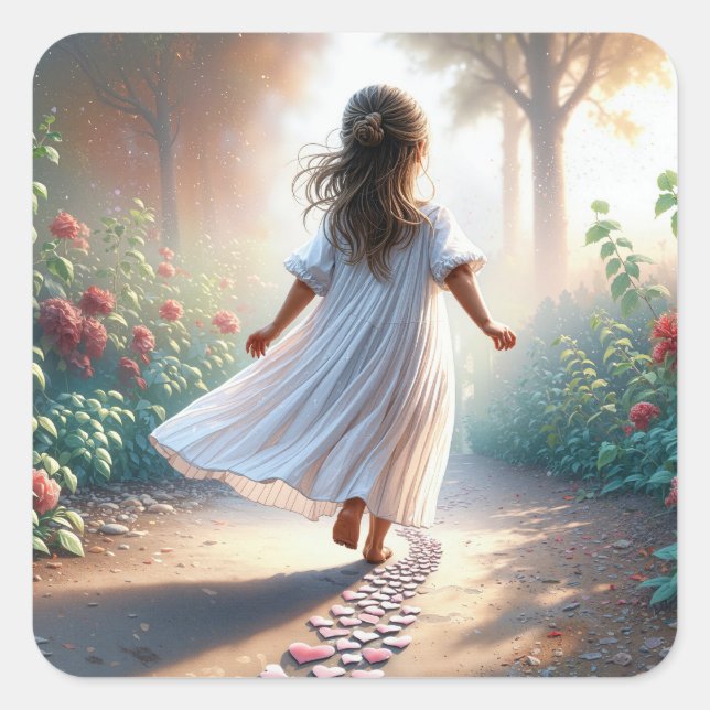Sticker Carré Little Girl Running On a Pink Heart Path (Devant)