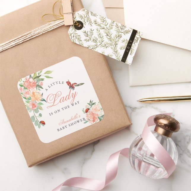 Sticker Carré Little Lady Ladybug Roses Girl Baby Shower (Cadeaux)