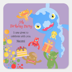 Sticker Carré Little Party Monster and confetti Anniversaire Par