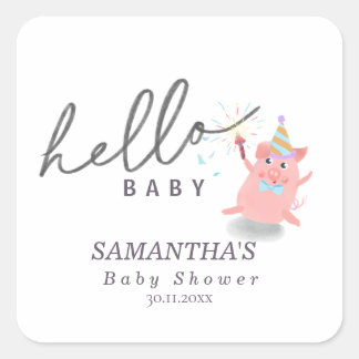 Sticker Carré little pig Calligraphy Baby Shower Hello baby