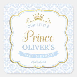 Sticker Carré Little Prince Blue Damask Gold Crown 1er anniversa