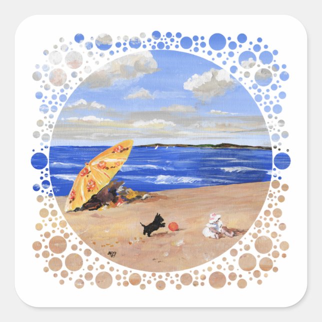 Sticker Carré Little Scottie Joue à la Plage (Devant)