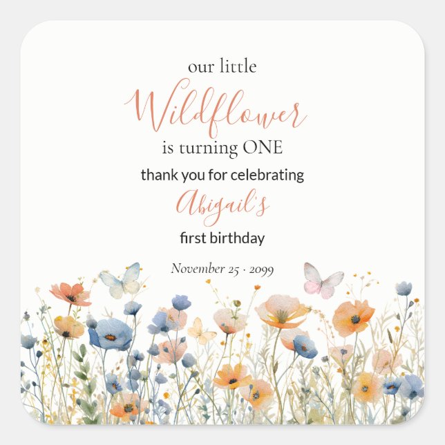 Sticker Carré Little Wildflower Butterfly Meadow 1st Birthday (Devant)