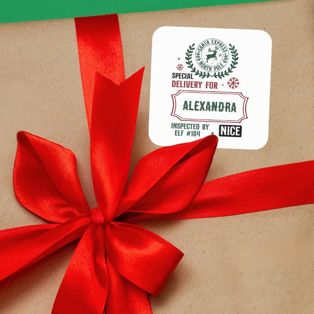 Sticker Carré Livraison de l'Express père Noël pour (Nom personn (Easily personalize this cute custom name Santa Express Delivery gift tag.)